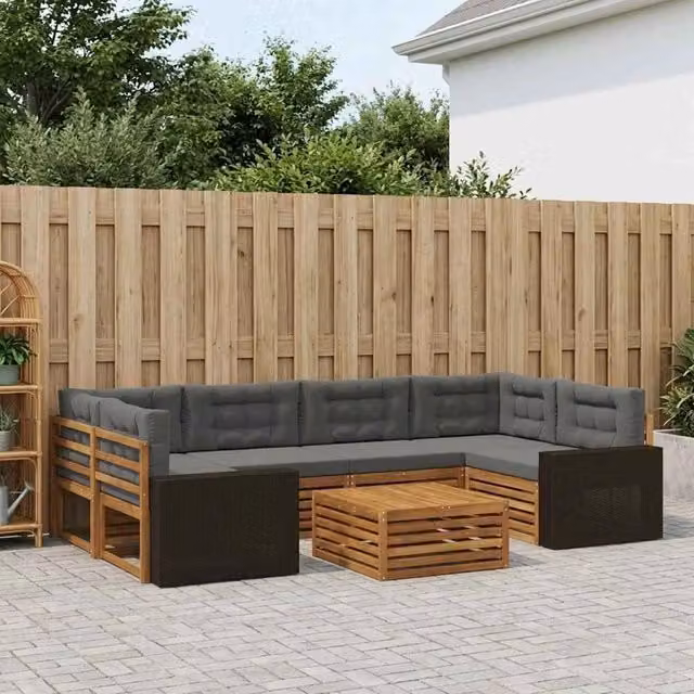 Set di divani da esterno a L con tavolino vidaXL, 7 pezzi in legno di acacia con cuscini beige e antracite in poliestere resistente ai raggi UV