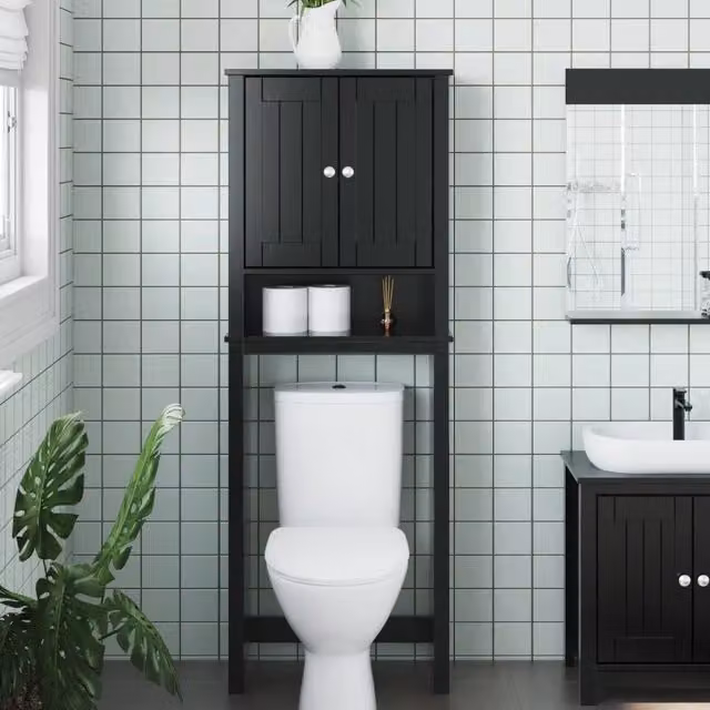 Portaoggetti sopra WC BERG vidaXL Nero in Legno di Pino e Metallo L: 60 cm, P: 27 cm, H: 164,5 cm – 1