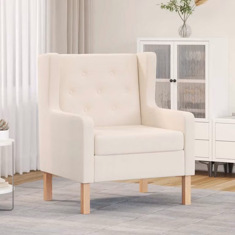 Poltrona vidaXL in tessuto bianco crema con struttura in legno e braccioli