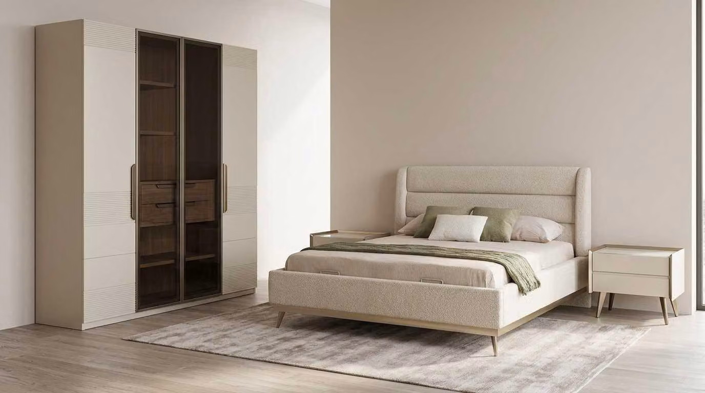 Set per camera da letto beige, moderno e composto da letto, armadio e comodini