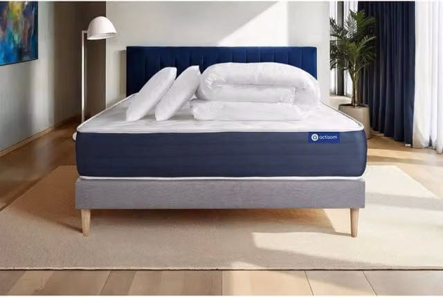 Pacchetto letto completo - Materasso 140x190cm + Box spring con doghe (in kit) + 2 cuscini + Piumino - Actilatex Sleep