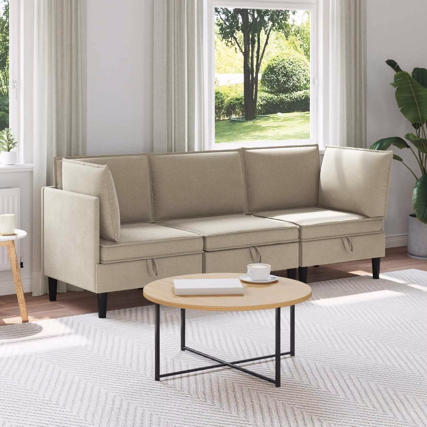 Set di mobili per il soggiorno vidaXL composto da 3 pezzi in tessuto color sabbia e marrone con divano angolare a L e design moderno