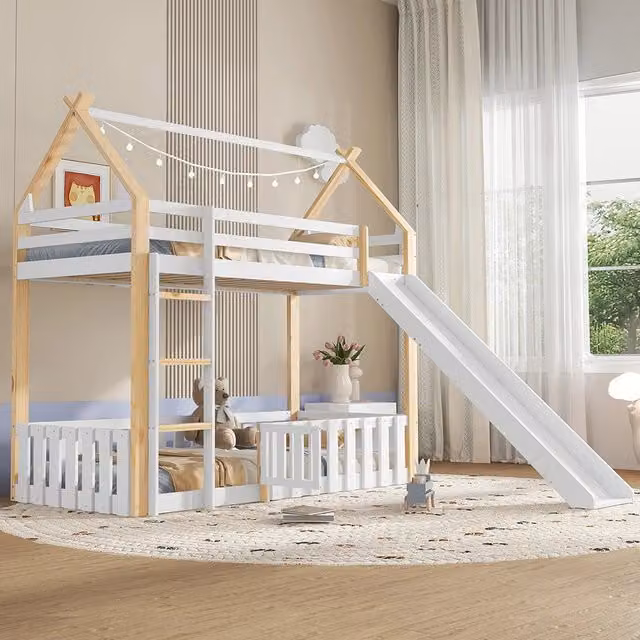 Letto a castello-Xylo-90x200cm, tetto, scivolo, scala, bianco+naturale
