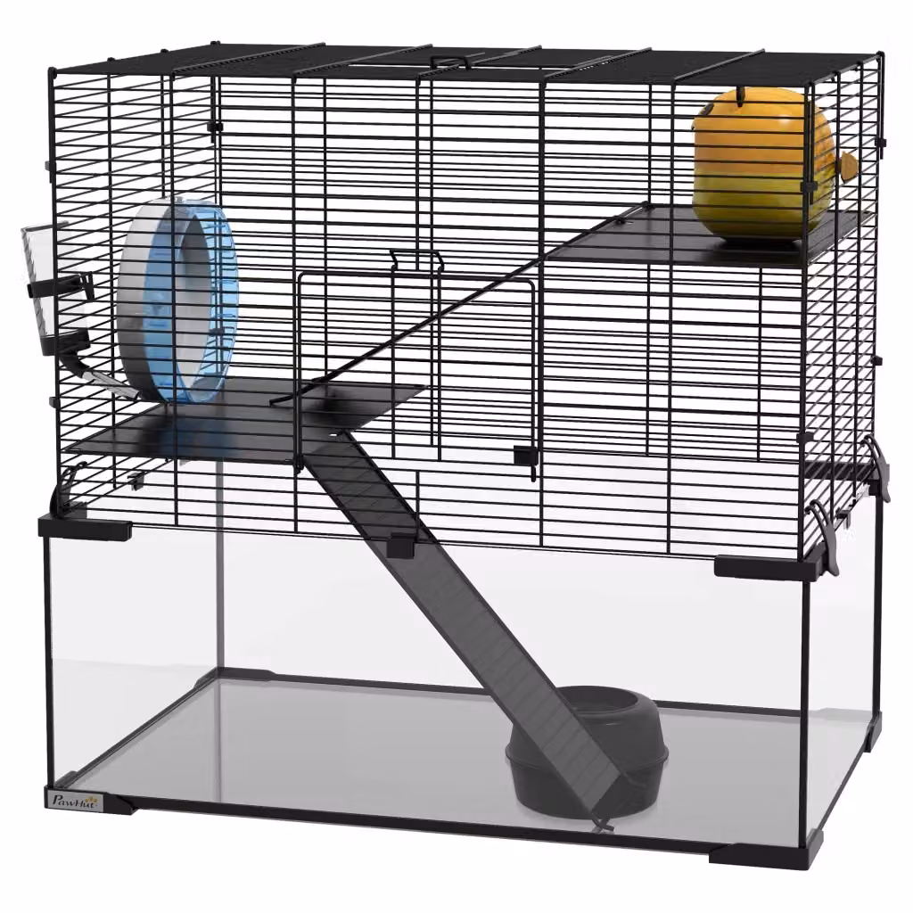 Gabbia per criceti Xylo a 3 piani con ruota, rampe, casetta, abbeveratoio e mangiatoia, colore nero, L: 60 cm, P: 40 cm, H: 54.5 cm – 2
