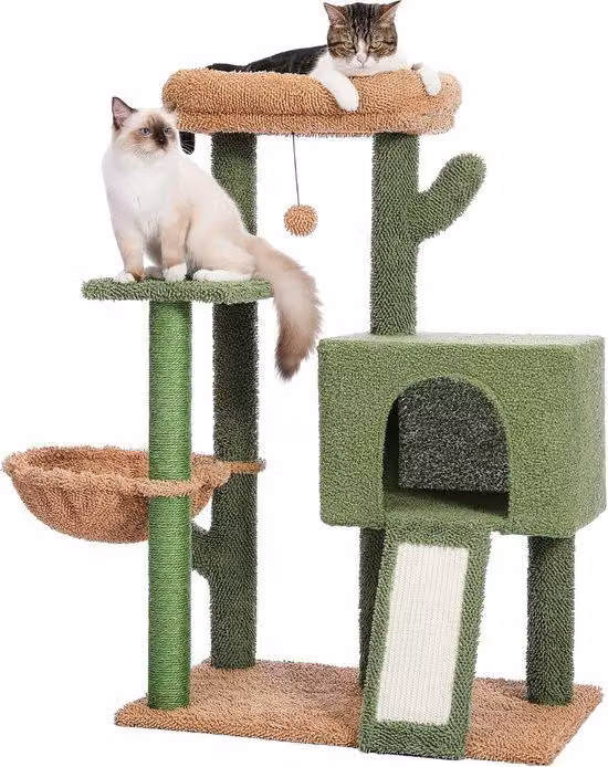 Torre tiragraffi per gatti adulti, 104 cm, moderna forma a cactus, peluche, ampia cuccia, rivestimento rimovibile, pallina oscillante, panno in sisal, verde.