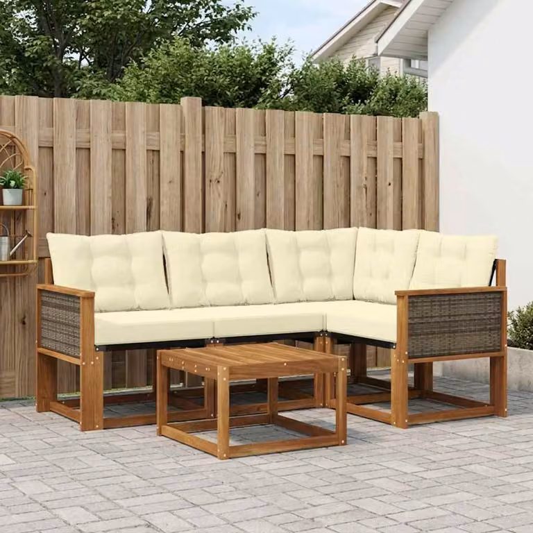 Set di divani da esterno vidaXL a forma di L in legno di acacia con cuscini beige e bianco e tavolino da giardino