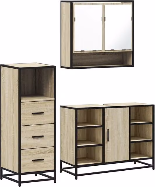 Set Mobili da Bagno | Armadio da bagno 3 pz Rovere Sonoma in Legno Multistrato