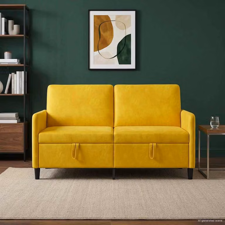 Divano moderno vidaXL con contenitore apribile, rivestimento in tessuto giallo e nero, L: 152 cm, P: 78 cm, H: 87 cm