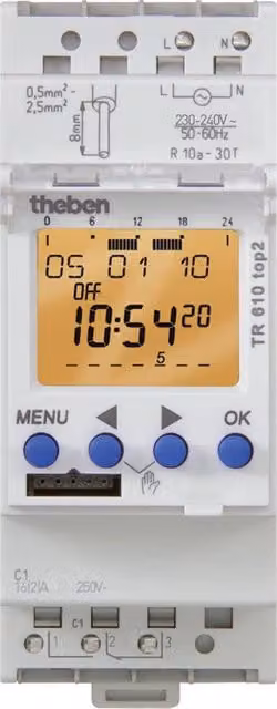 Orologio digitale a 2 canali schiacciabile TR 610 top2 Theben bianco per guida DIN