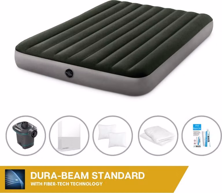 Letto ad aria Intex - 2 persone - 152 x 203 x 25 cm - Verde + pompa elettrica Intex - 650 litri/min + lenzuola bianche + cuscino + federe Molton 2 in 1 + set di riparazione