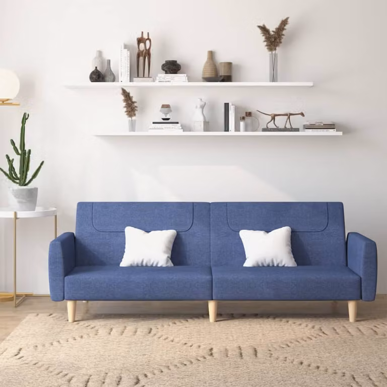 vidaXL Divano Letto Click-Clack a 2 Posti in Tessuto Blu con Struttura in Legno Solido e Poggiatesta Regolabile