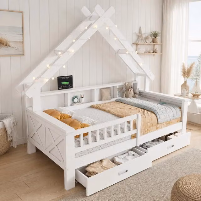 Letto a piattaforma per bambini a forma di casa con illuminazione LED, cassetti e ripiani, colore bianco, L/P/H: 200 x 90 x 179 cm