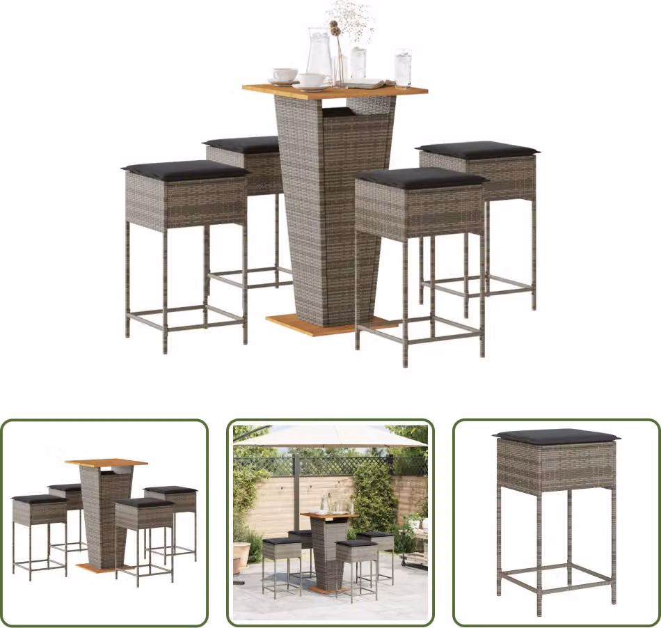 The Living Store Set bar da giardino 5 pezzi con cuscini in poly rattan grigio