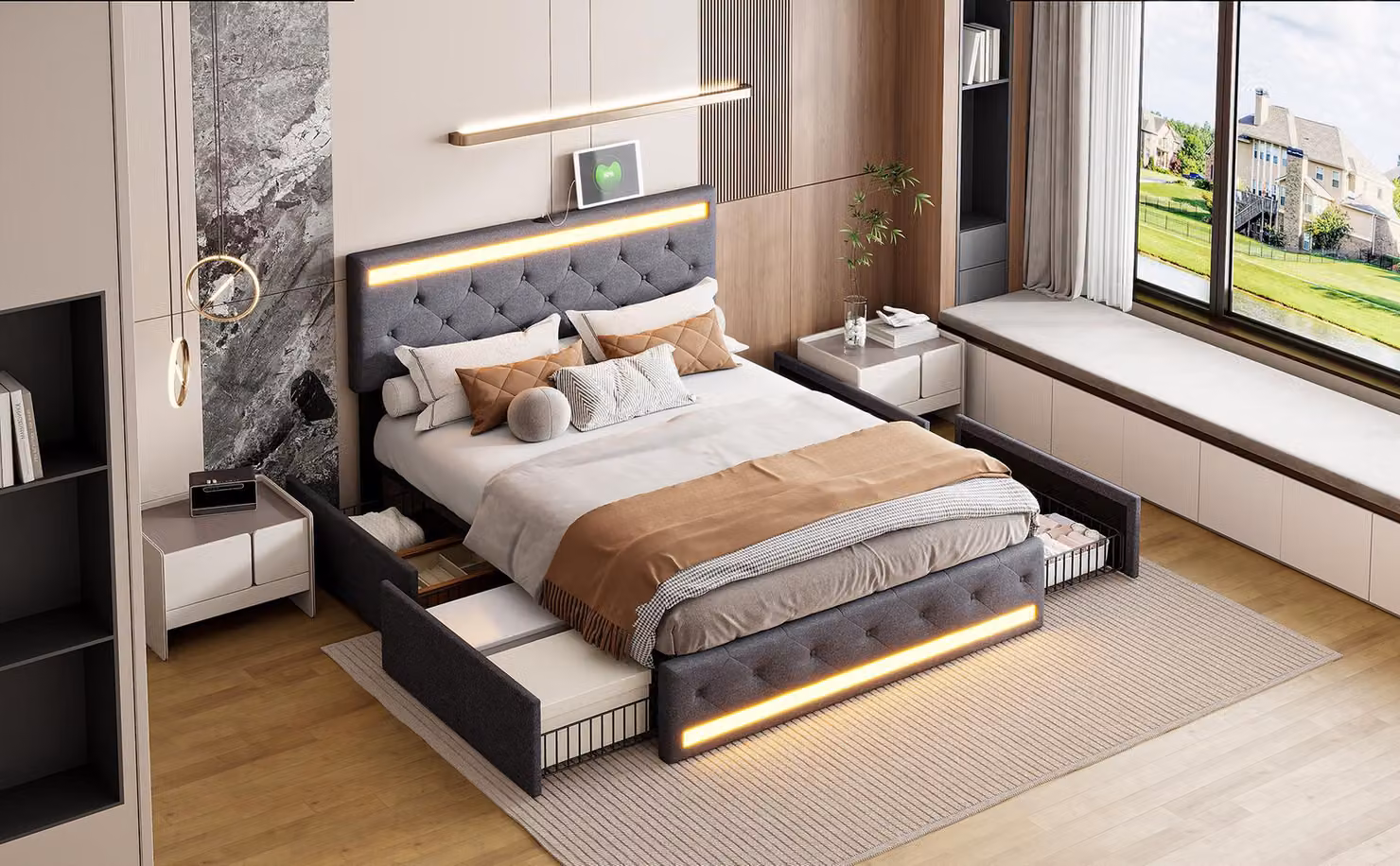 Letto matrimoniale in lino grigio, 180 x 200 cm – LED integrati, porte USB/tipo C, 4 cassetti in metallo