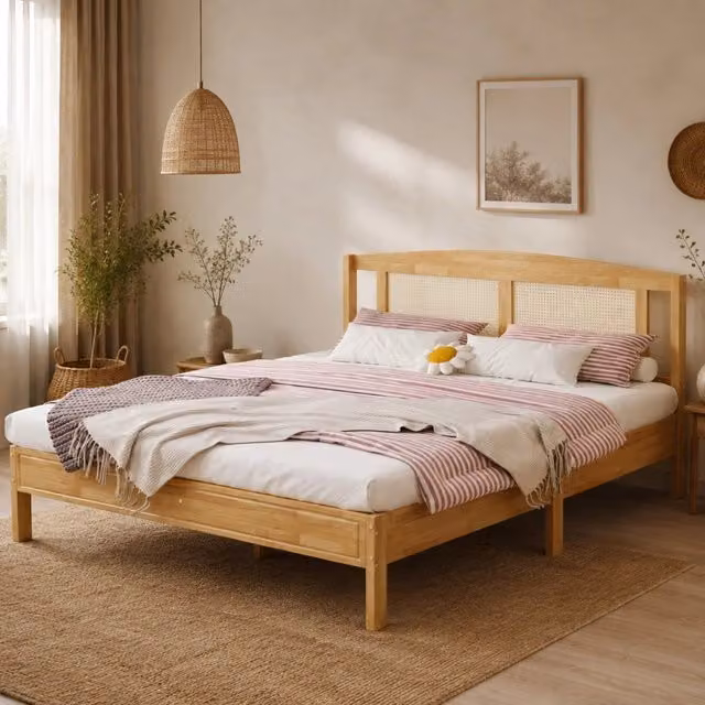 Letto matrimoniale ULEVR 160x200 cm in pino e PE-rattan, 15 doghe, piedini centrali, finitura naturale