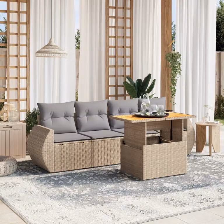 vidaXL Set Divano da Giardino 5 pz in Polyrattan con Cuscini Beige e Rivestimenti Rimovibili