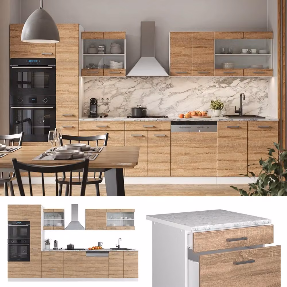 Cucina componibile moderna R-Line Vicco Sonoma Bianco e Rovere con armadio alto L: 350 cm – 2