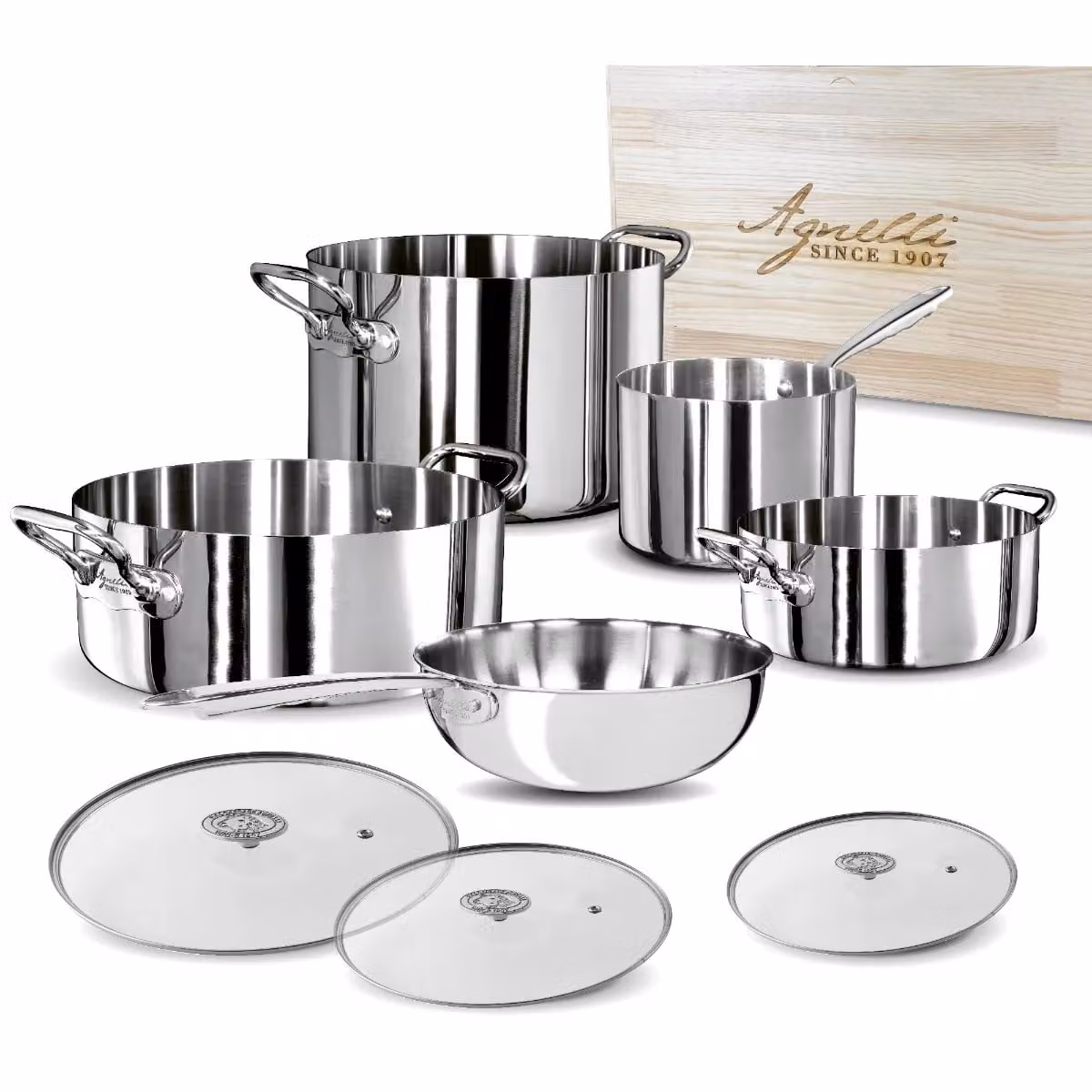 Batteria di Pentole in Alu-inox 3PLy per induzione, con scatola in legno, 8 pezzi