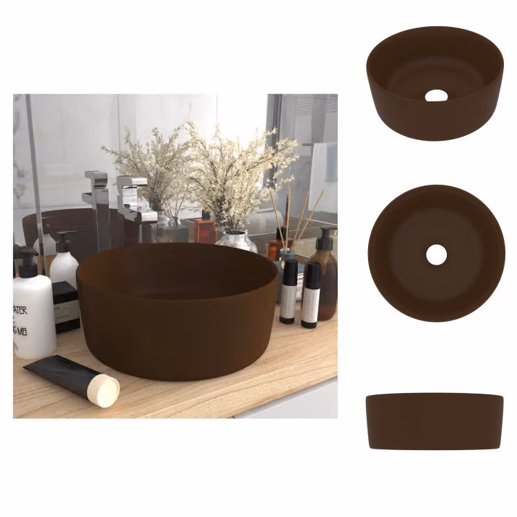 vidaXL Lussuoso lavabo rotondo opaco marrone scuro 40x15 cm in Vetroceramica - Lavabo da bagno