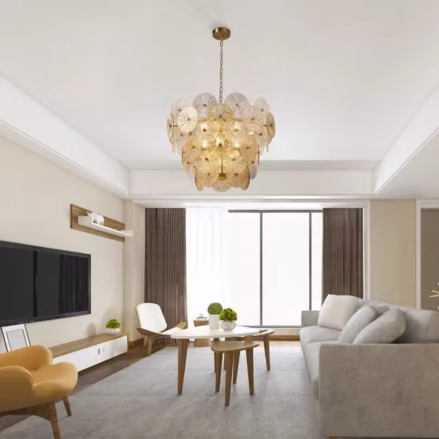 Lampadario a sospensione moderno SEARCHLIGHT in metallo bronzo e vetro trasparente con 9 luci G9, altezza regolabile