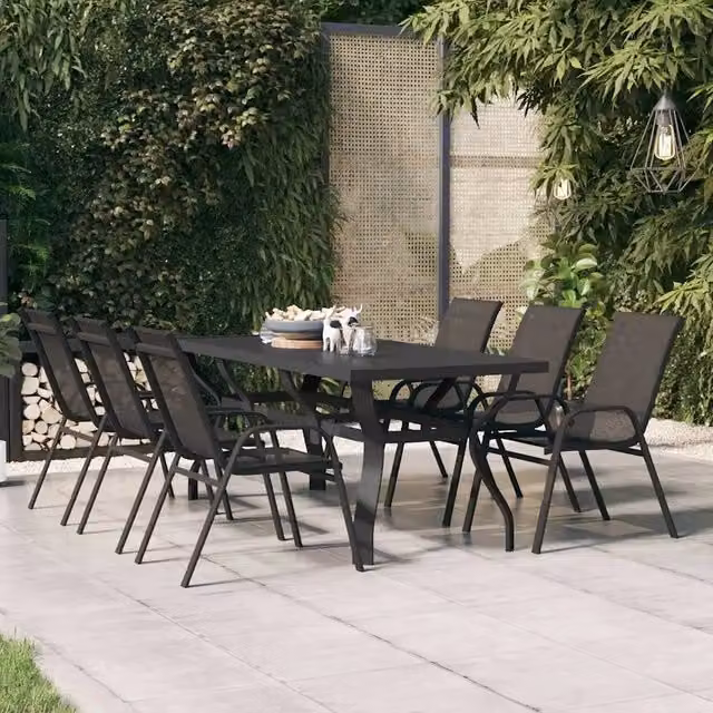 Tavolo da giardino rettangolare vidaXL in acciaio verniciato a polvere e vetro nero L: 180 cm, P: 80 cm, H: 70 cm