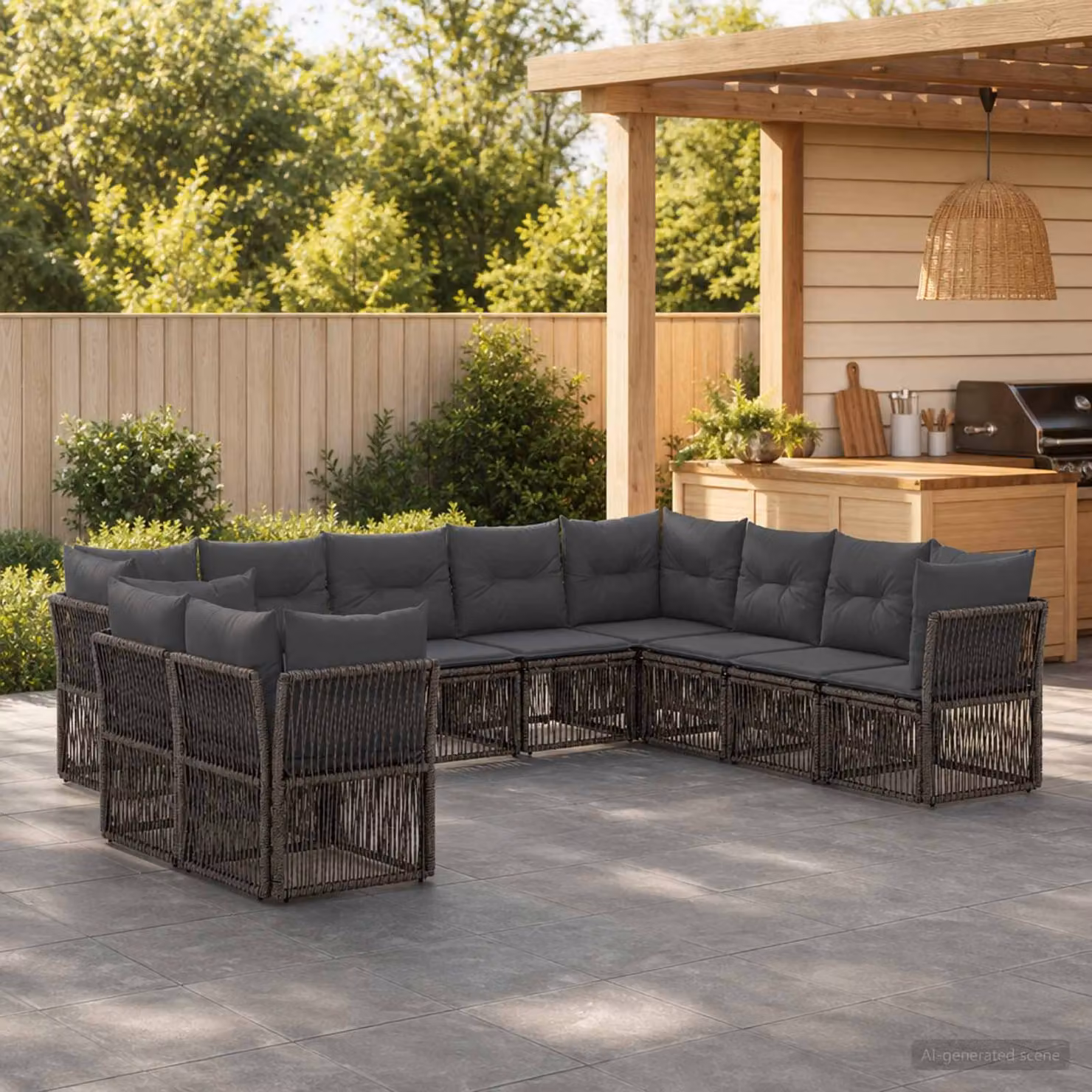 Set Divano da Giardino vidaXL 10 pz a forma di U in Polyrattan Grigio con Cuscini e Struttura in Acciaio Verniciato a Polvere