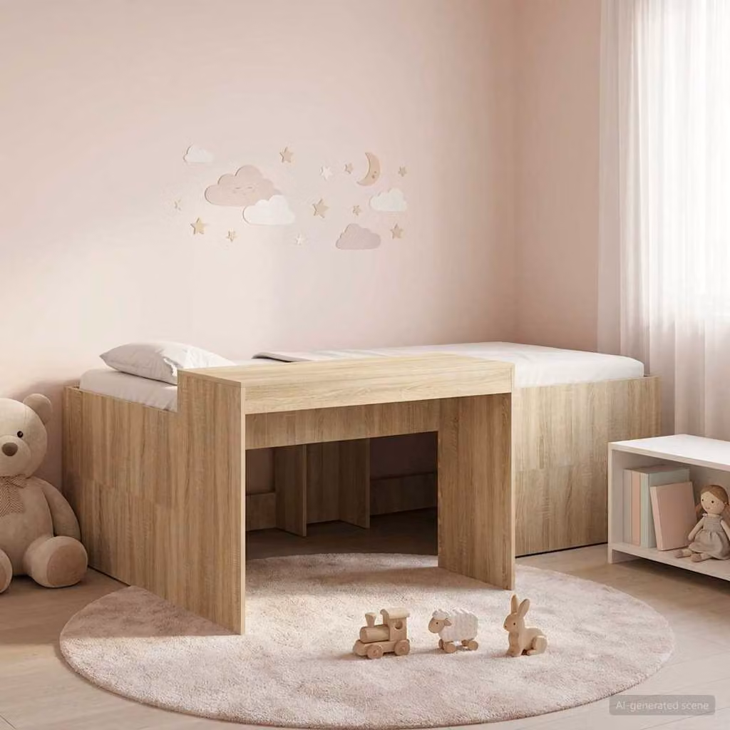 Letto alto per bambini con scrivania vidaXL in legno color rovere, L/P/H: 190 x 90 x 193 cm