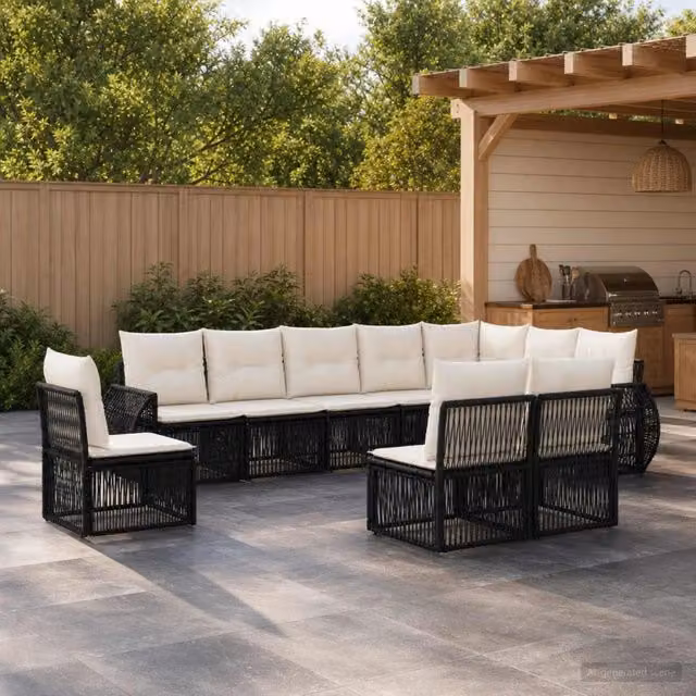 Set Divano da Giardino 10 pz Nero e Bianco Crema polyrattan 3435445