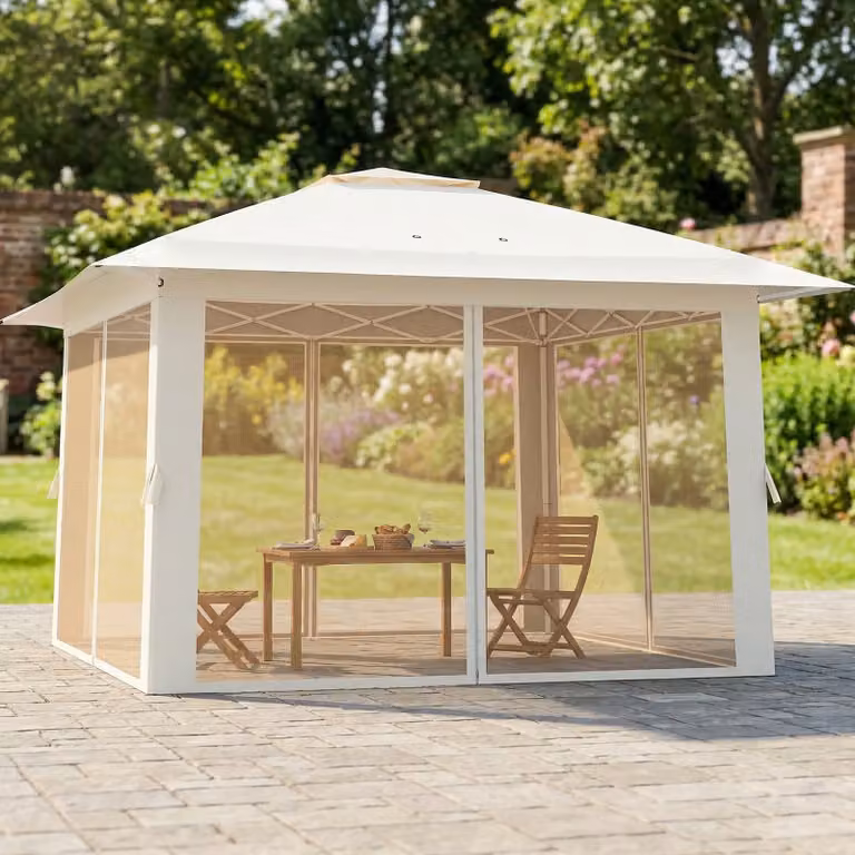 Tenda da esterno pieghevole Costway con zanzariera e tetto doppio, riparosole per patio e giardino, Beige, 394 x 394 cm