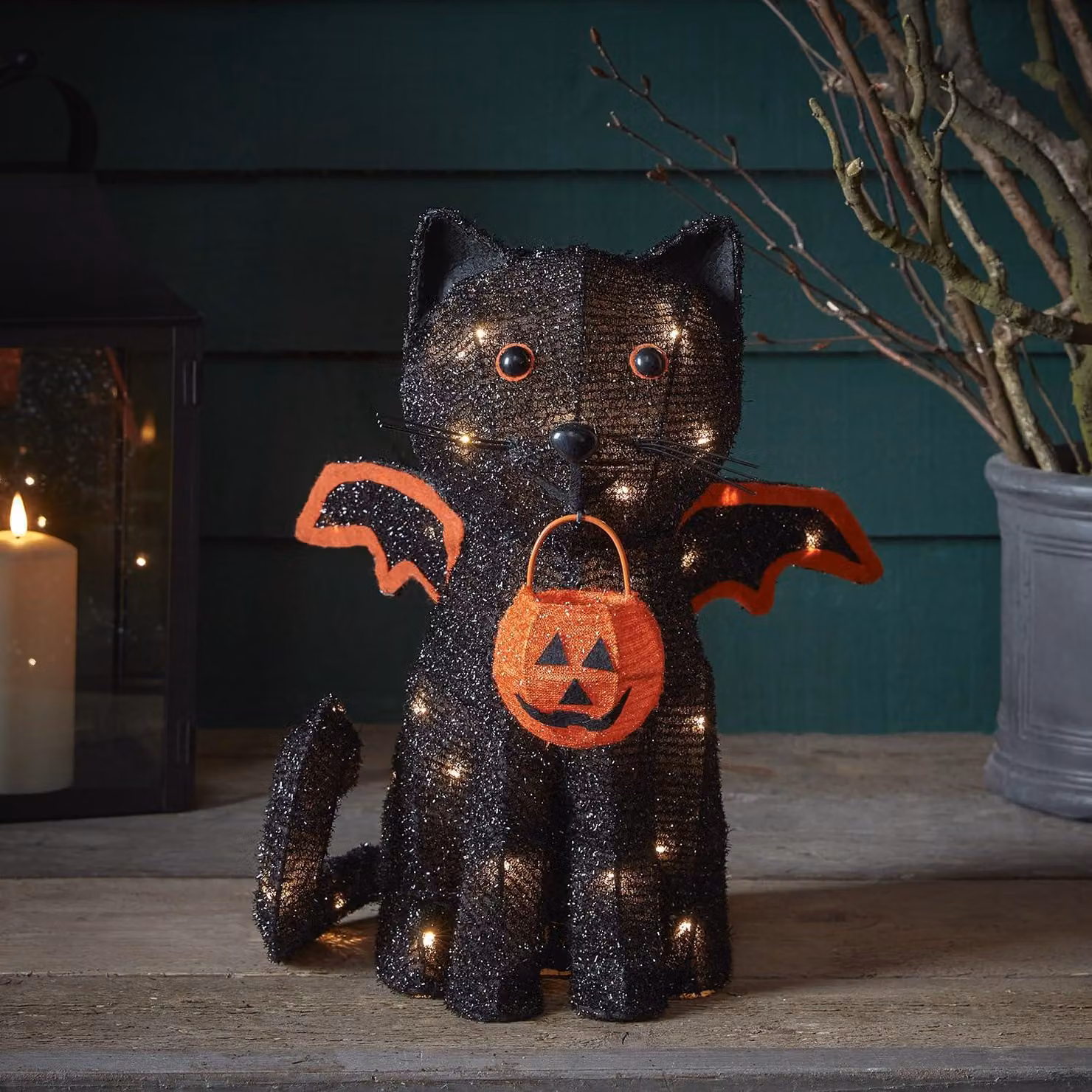 Gatto decorativo a LED con ali da pipistrello, 39 cm, luce bianco caldo, con timer, ideale per Halloween