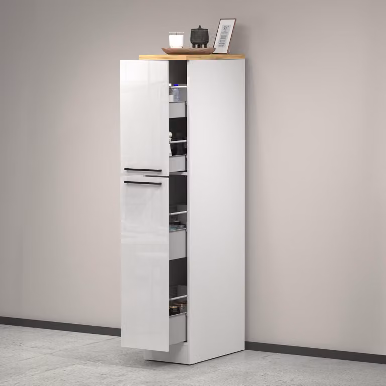 Dmora Dispensa da Cucina Atrax 60x30x165h cm Bianco Bianco Lucido, 2 Cassetti 4 Vani  Italy