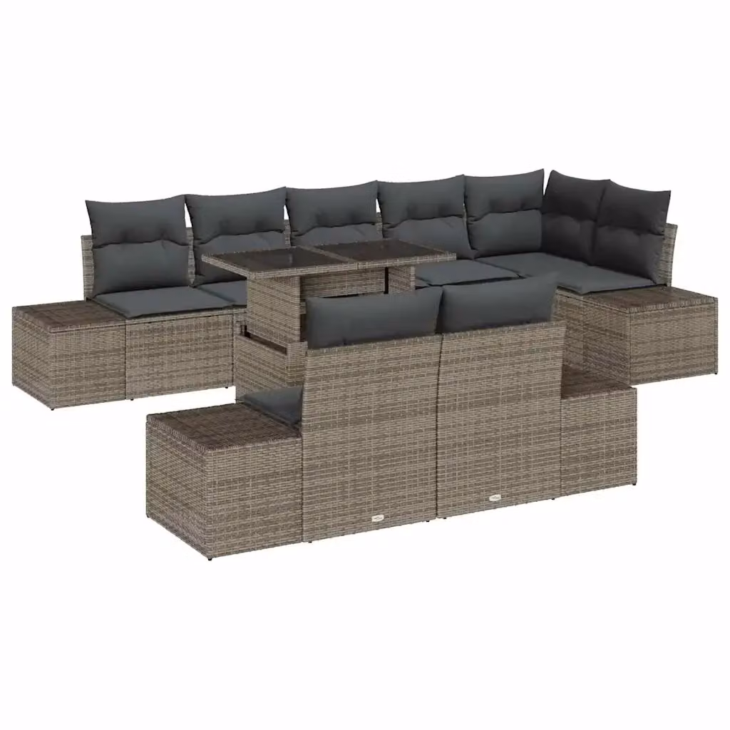 Set Divano da Giardino vidaXL a Forma a U in Polyrattan Grigio con Tavolino e Cuscini, 9 Pezzi – 2