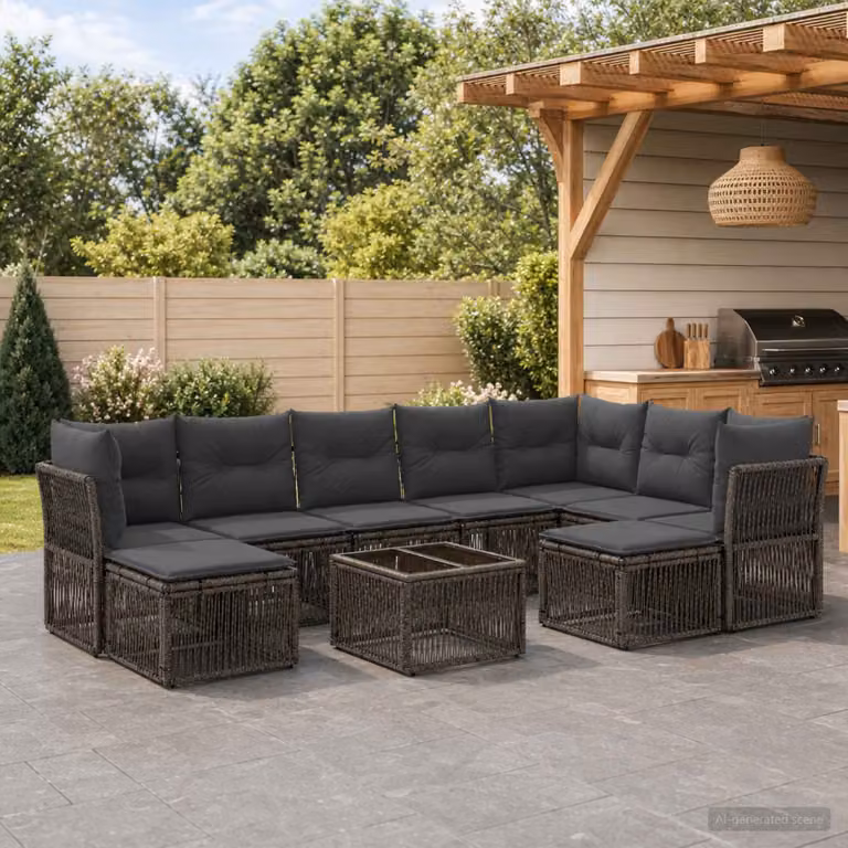 Set Divano da Giardino vidaXL 10 Pezzi a Forma di U Grigio con Tavolino e Pouf in Polyrattan e Acciaio