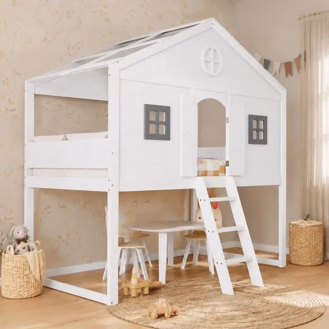 Letto a soppalco per bambini 90x200 cm con scala; protezione anticaduta e finestre grigie
