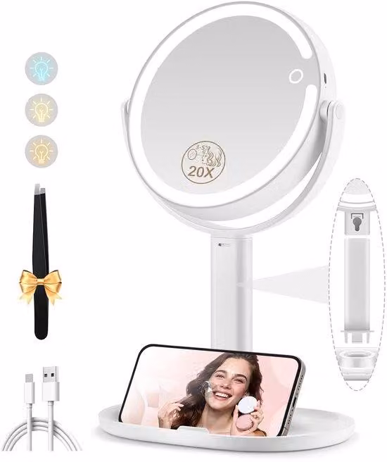 Specchio cosmetico con illuminazione, specchio ingranditore con luce 20x, specchio cosmetico ingranditore da 8 pollici, bifacciale, 3 colori, 64 LED, specchio per il trucco con illuminazione, ruotabile a 360°