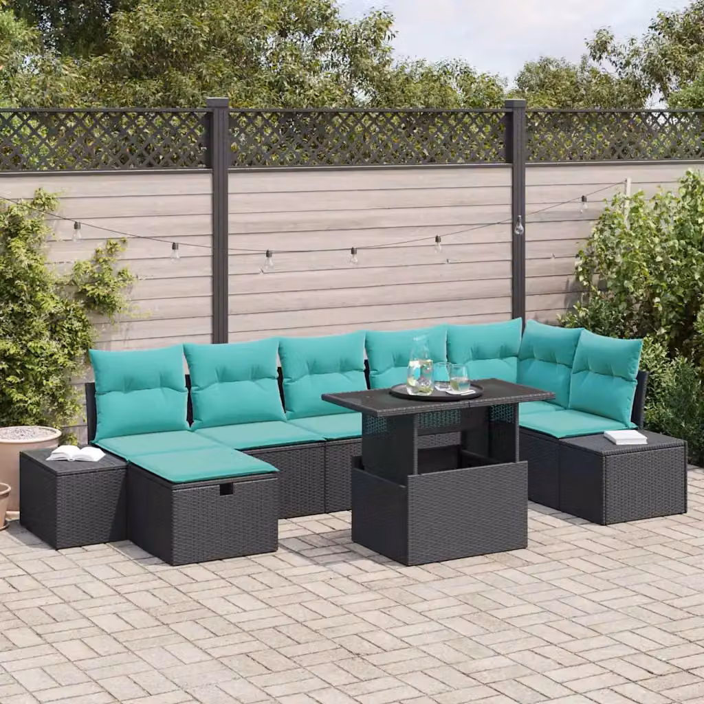 Set Divano da Giardino vidaXL 8 Pezzi Moderno a Forma di L con Cuscini Turchesi e Nero in Polyrattan e Acciaio Verniciato a Polvere