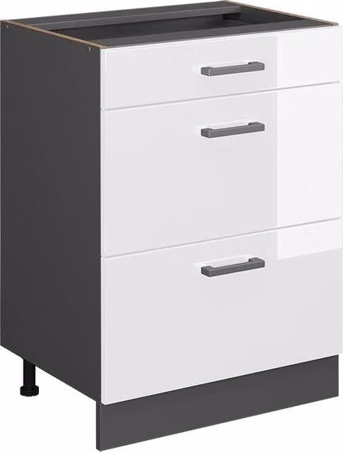 Mobiletto base per cucina Vicco R-Line Bianco lucido e Antracite con cassetti, senza piano di lavoro, L: 60 cm