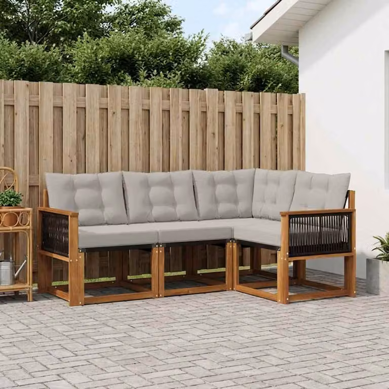 vidaXL Set di divani da esterno a L composto da 4 pezzi in legno di acacia e textilene, colori beige, grigio e marrone