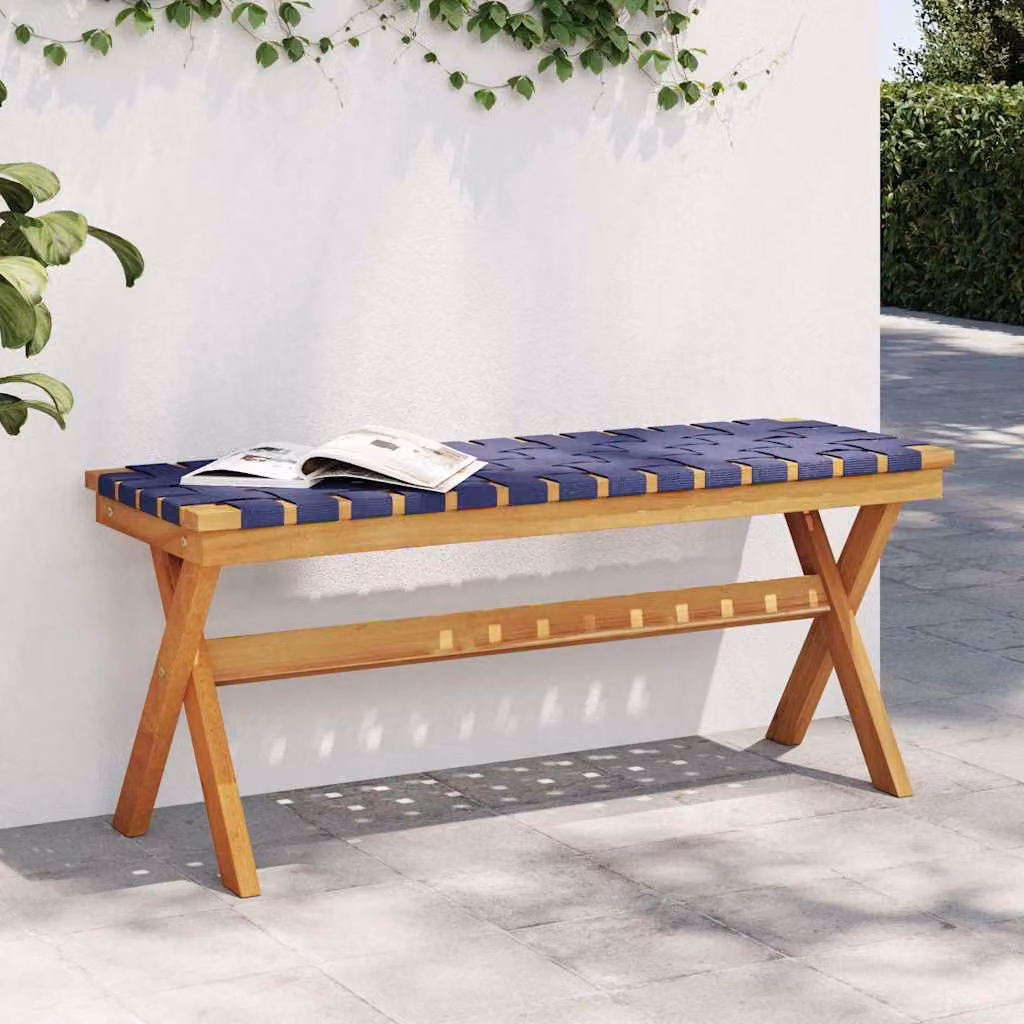 vidaXL Panca da Giardino in Legno di Acacia con Cuscini Blu e Marrone L: 110 cm, P: 42 cm, H: 34 cm