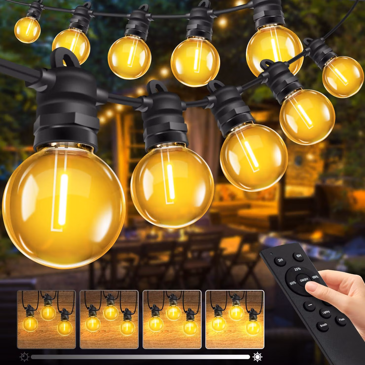 Catena luminosa da esterno, 20 metri, con lampadine G40 – Ideale per balconi, con telecomando e dimmer