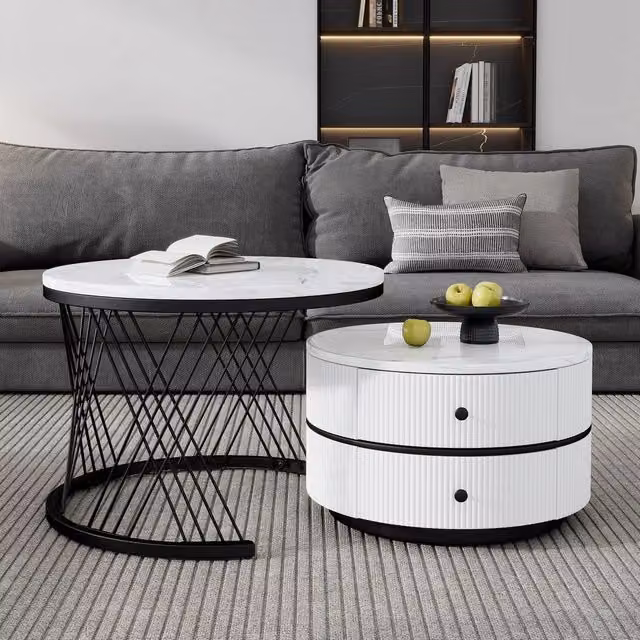 Set 2 Tavolini da Caff¨¨ Rotondi ¨C MINIMAL ¨C Bianco Lucido Effetto Marmo, 2 Cassetti, 60x60x46 e 50x50x31