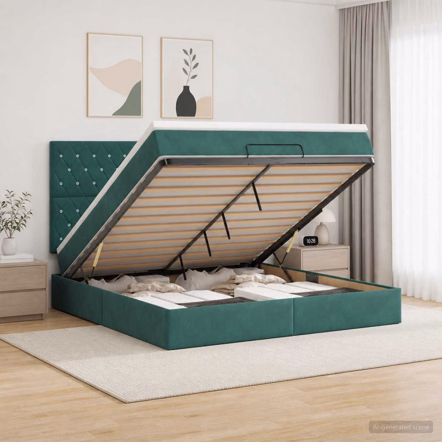 Letto ottomano con materasso vidaXL in velluto verde scuro, L: 140 cm, P: 190 cm