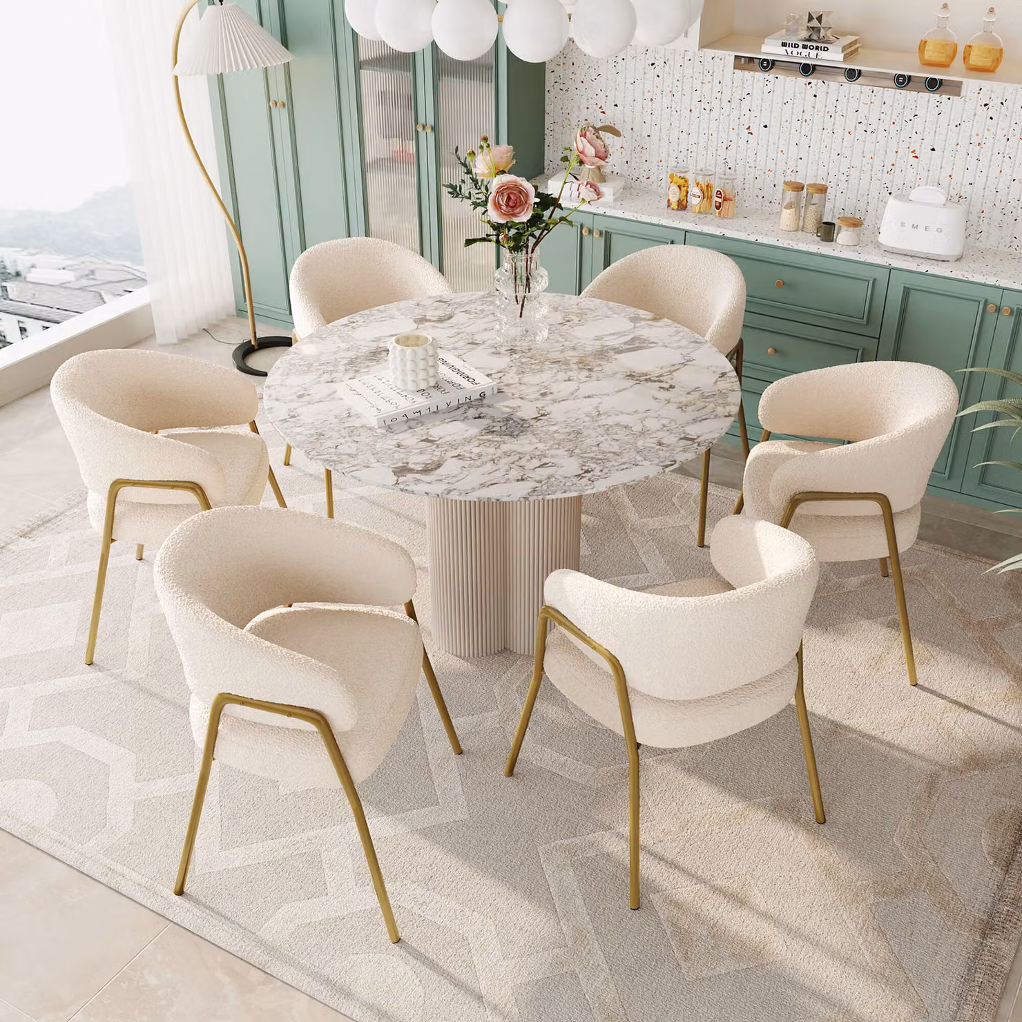 okwish: Sedia da pranzo bianca, sedia da pranzo moderna in lana di pecora, verniciatura a spruzzo, finitura dorata, set di 6 sedie da pranzo con gambe dorate