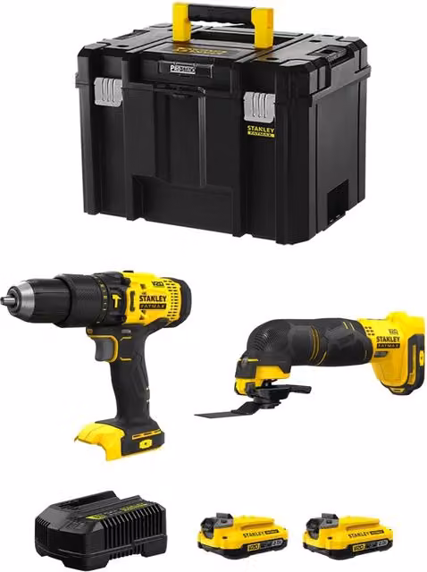 Kit Stanley FatMax SVK206 Nero con Avvitatore SFMCD711, Seghetto SFMCE500, 2 Batterie da 2,0 Ah e Caricabatteria in Valigetta TSTAK VI