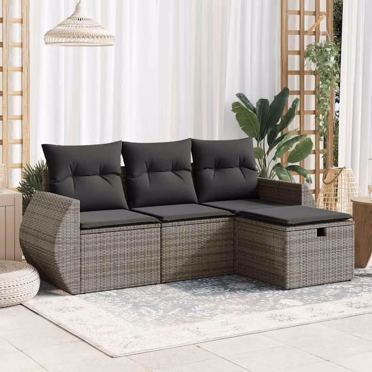 Set Divani da Giardino vidaXL 4 pz a Forma a L in Polyrattan Grigio con Cuscini e Ottoman