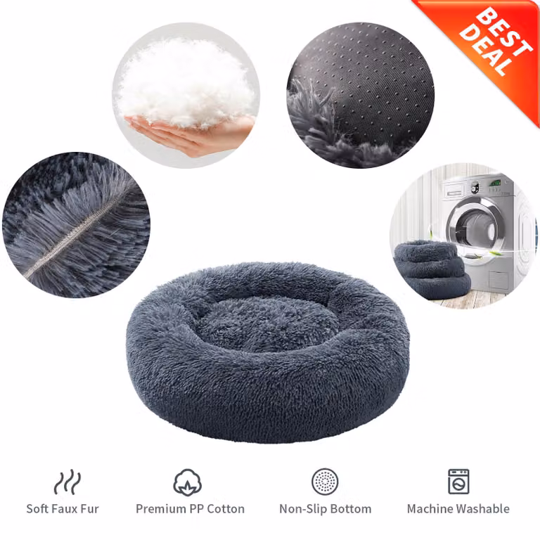 Cuccia per cani, forma rotonda, diametro 50 cm, colore grigio scuro, realizzata in peluche, lavabile e con base antiscivolo