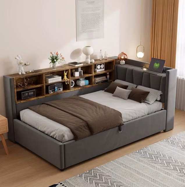 Divano letto in velluto 90x200 cm grigio con luce notturna; USB; Type-C e contenitore con apertura idraulica