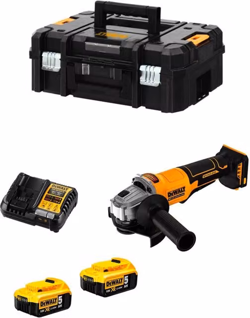 Mini-Smerigliatrice DeWalt DCG408P2T Gialla con 2 batterie da 5,0 Ah e caricabatterie DCB1104 in custodia TSTAK II