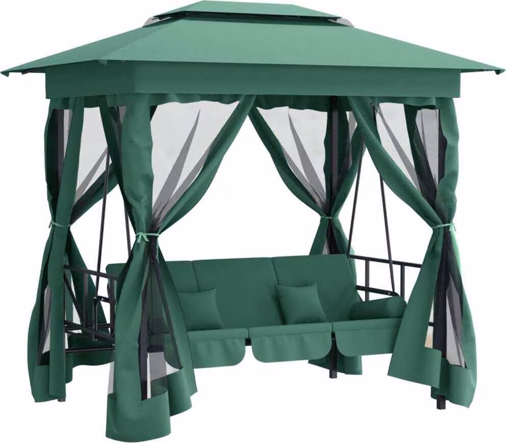 Gazebo con Panca a Dondolo Convertibile Verde Tessuto e Acciaio