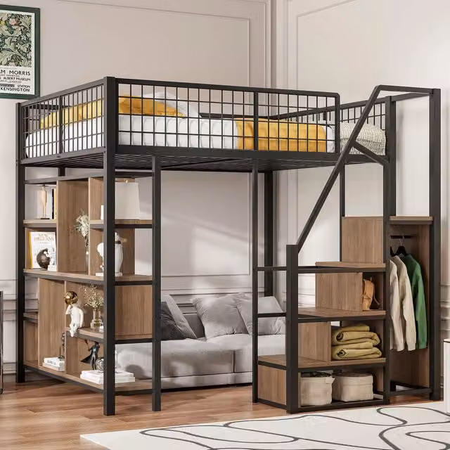 Letto a soppalco 140 x 200 cm con scala contenitore e vani portaoggetti in metallo e legno nero